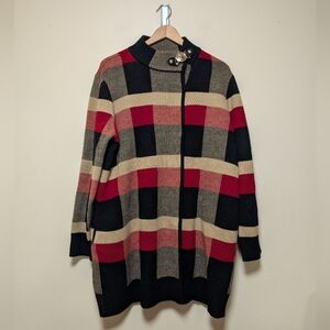 Anne Klein XL Red Black Tan Plaid Zip Cardigan Sweater Women